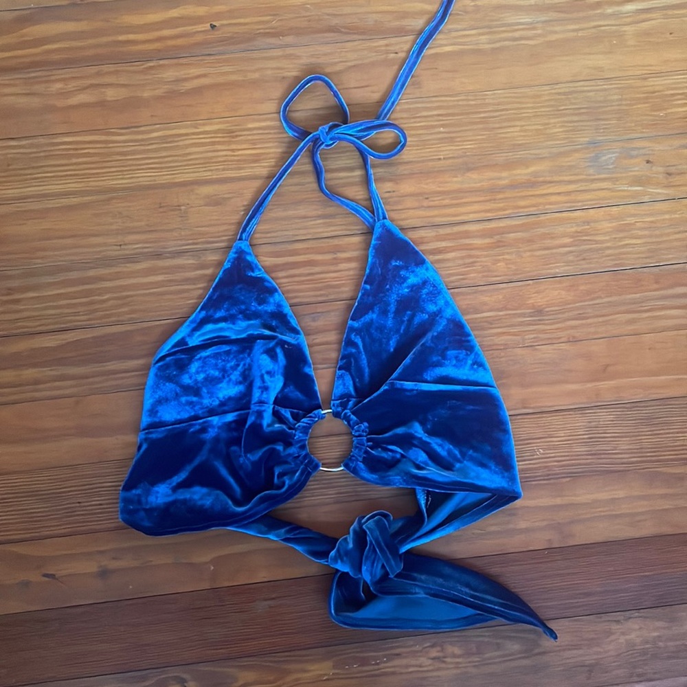 Blue Velvet Tie Back O-Ring Top SHEIN - M